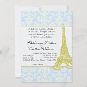 Wedding in Paris Blue Damask Invitation