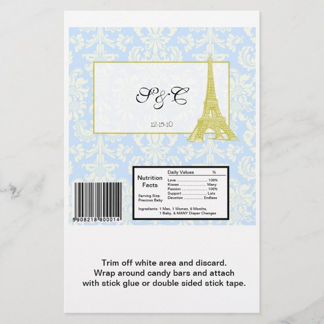 Wedding in Paris Blue Damask Large Candy Wrapper (Front)