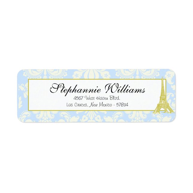 Wedding in Paris Blue Damask Return Address Label (Front)
