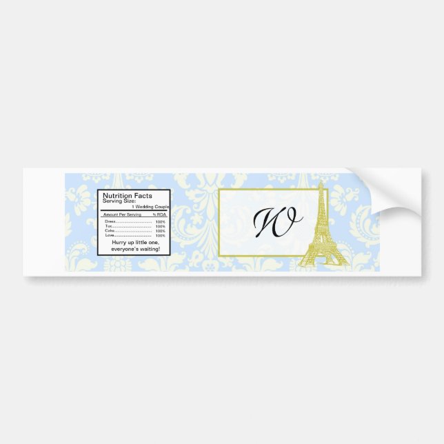 Wedding in Paris Blue Damask Water Bottle Label (Front)