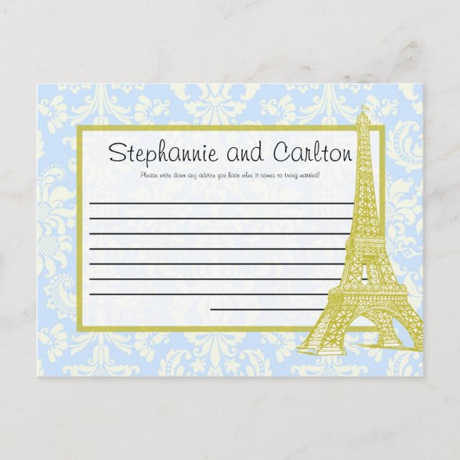Wedding in Paris Blue Damask Writable Advice Card (Front)