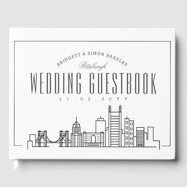 Wedding In Pittsburgh | Modern Deco Skyline Guest Book (Front)