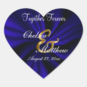 Wedding in Satin Dark Blue Personalise Heart Sticker