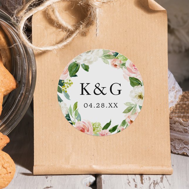 Wedding Initials Blush Pink Floral Wreath Classic Round Sticker (Creator Uploaded)