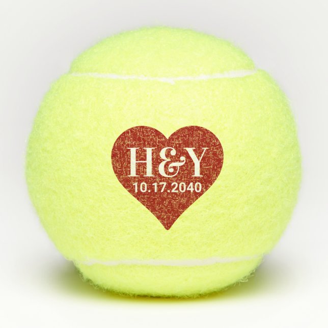 Wedding Initials Monogram Date Red Heart  Tennis Balls (Front)