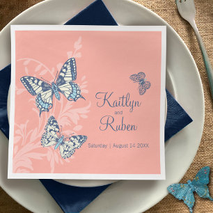 Wedding ink art butterflies coral and muted blue napkin