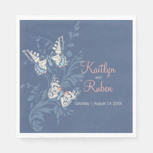 Wedding ink art butterflies muted blue and coral  napkin