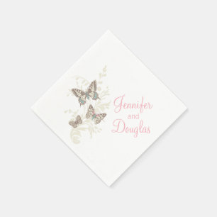 Wedding inked butterflies pink white paper napkin