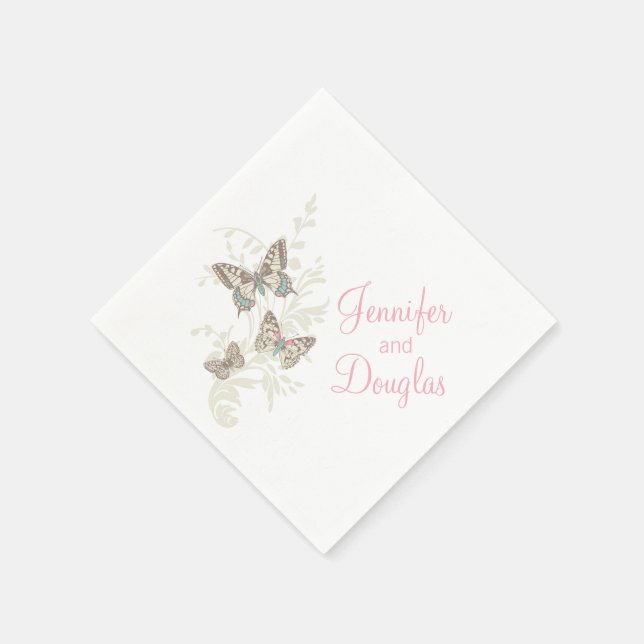 Wedding inked butterflies pink white paper napkin (Corner)