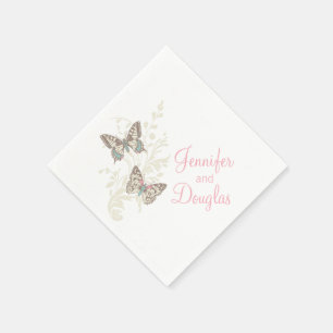 Wedding inked butterflies pink white paper napkin