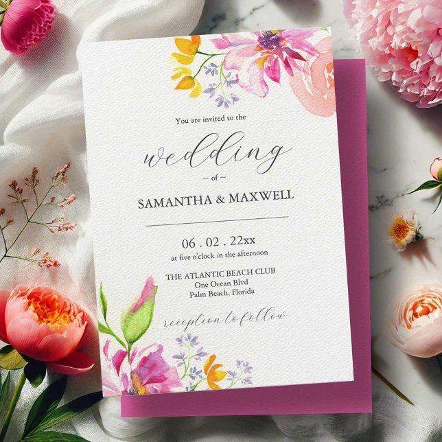 Wedding Invitation  (Bold wedding invitations watercolor pink and orange flowers by Victoria Grigaliunas DoTellABelle)