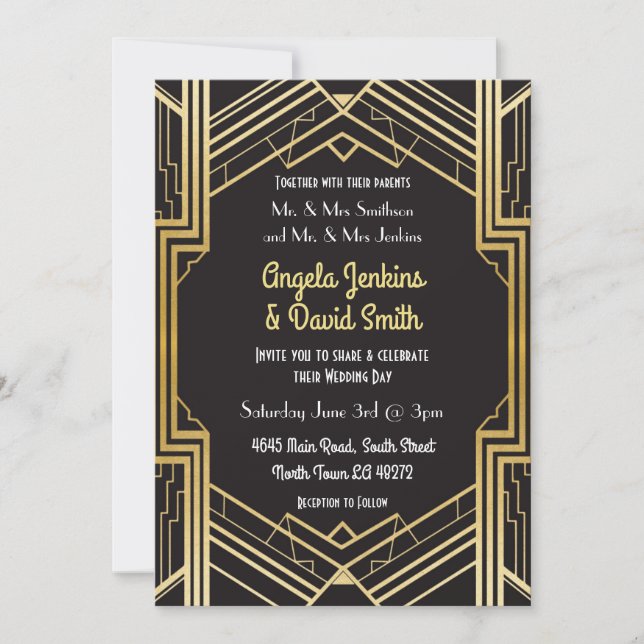 Wedding Invitation 1920's Black & Gold Art Deco (Front)