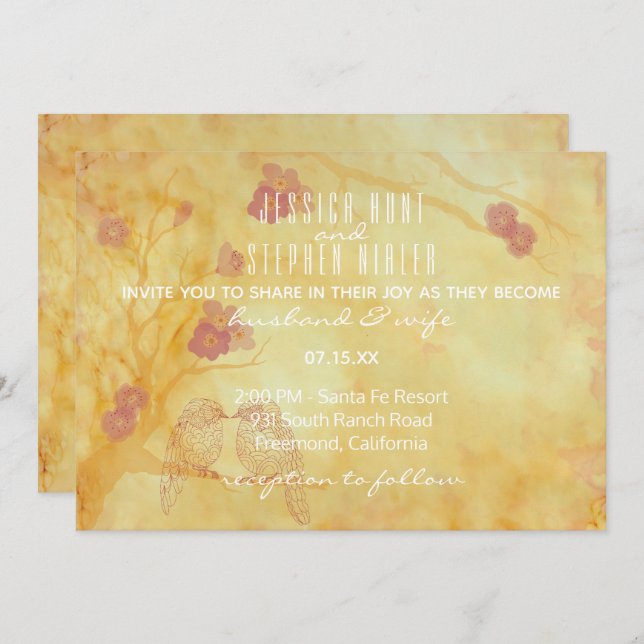 Wedding Invitation Asian Influence Yellow Golds (Front/Back)