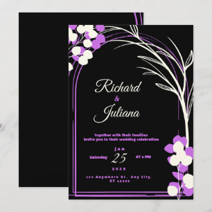 wedding invitation black background purple flowers