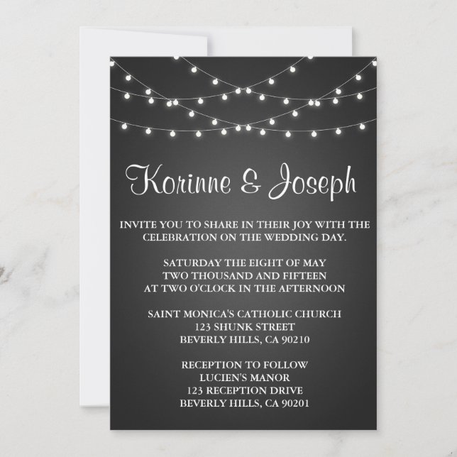 Wedding Invitation Black, Chalkboard, String Light (Front)