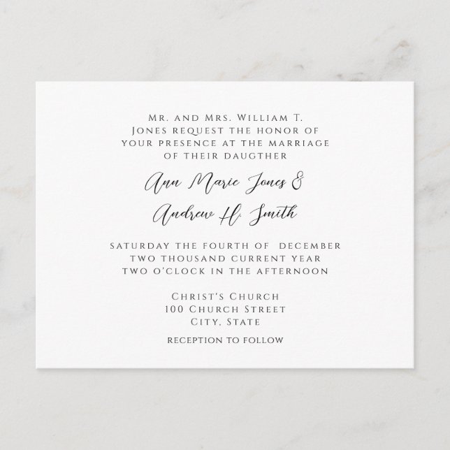 Wedding Invitation Black Corners Swirls on White Postcard (Front)