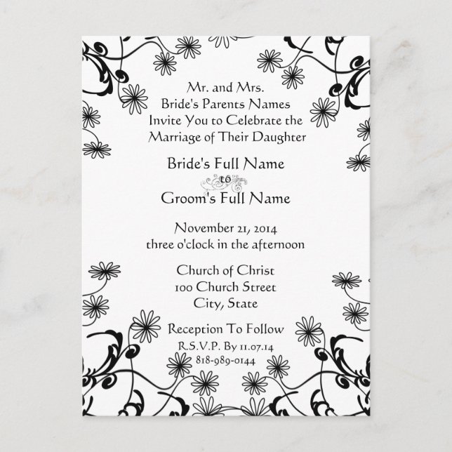 Wedding Invitation Black On White Wild Flowers (Front)