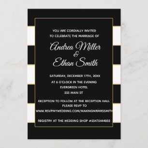 Wedding Invitation Black White Gold Striped