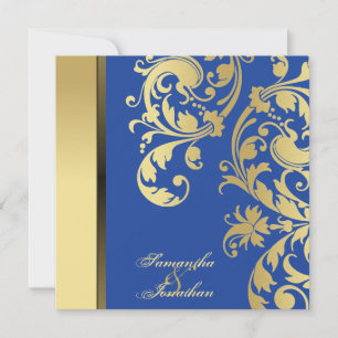 Wedding Invitation Blue Gold Shimmer Floral Swirls