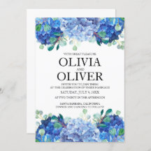 Wedding invitation blue hydrangea eucalyptus green