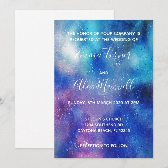 Wedding Invitation | Blue Watercolour Script (Front/Back)