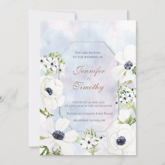 Wedding Invitation Botanical white Anemone flower (Front)