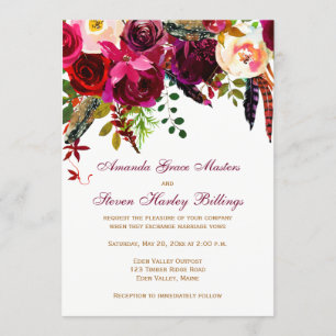 Wedding Invitation - Burgundy Floral, Feathers