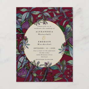 Wedding invitation burgundy floral leaf gold frame postcard