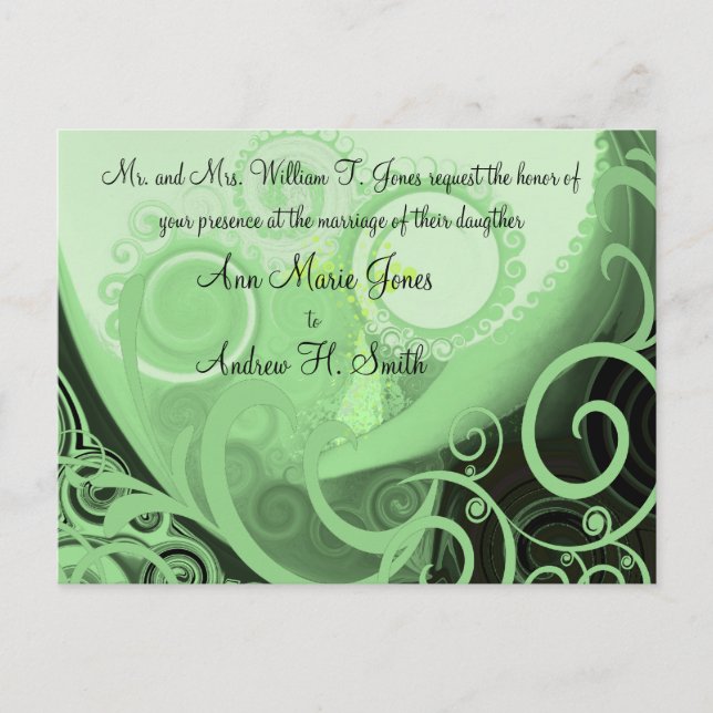 Wedding Invitation Cala Lilly Green Swirls Postcard (Front)