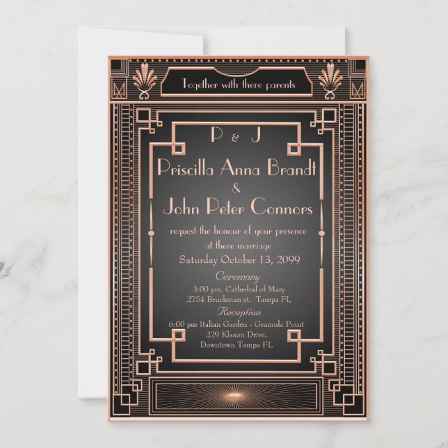 Wedding invitation card,Art Deco, black, pink gold (Front)