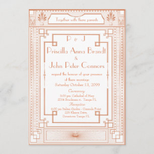 Wedding invitation card,Art Deco, white, pink gold