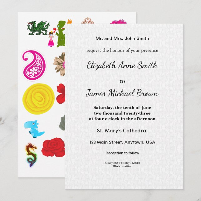 Wedding Invitation Card Elegant Script Floral (Front/Back)