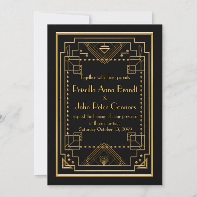 Wedding invitation card,Great Gatsby, black, gold (Front)