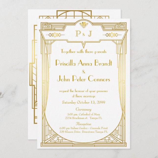 Wedding invitation card,Great Gatsby,gold on white (Front/Back)