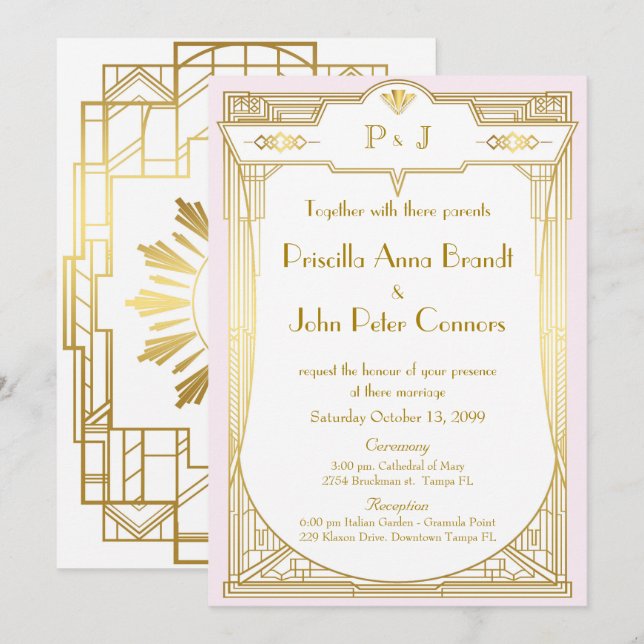 Wedding invitation card,Great Gatsby,gold pink (Front/Back)
