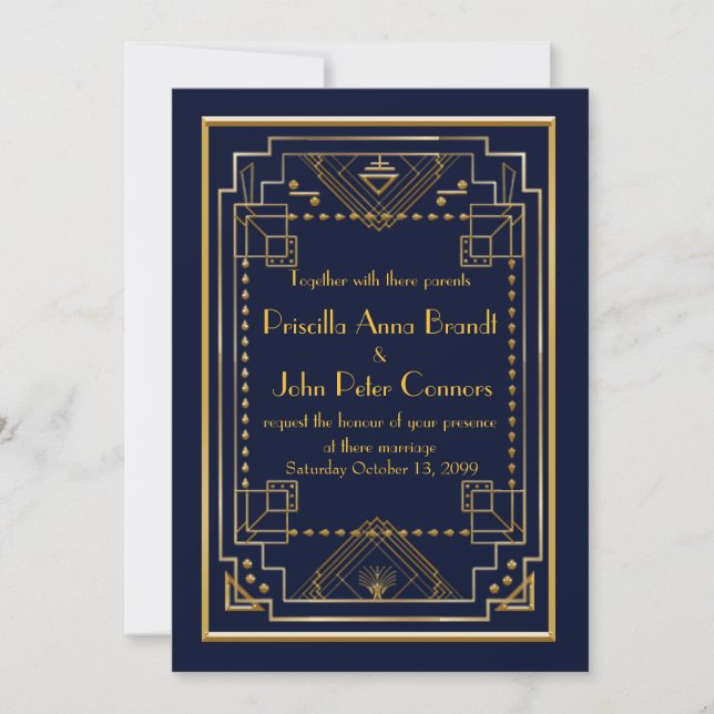 Wedding invitation card,Great Gatsby, navy, gold (Front)