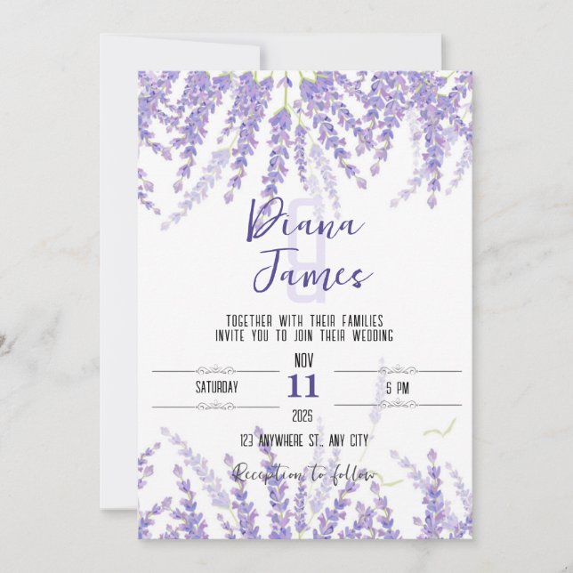 Wedding invitation card in lavender colours (Front)