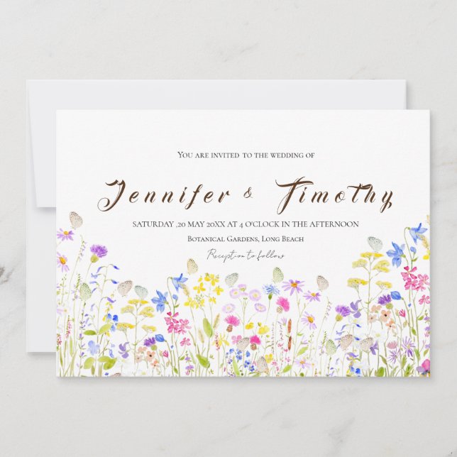 Wedding invitation colourful meadow and butterfly (Front)