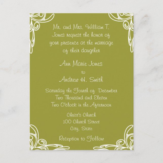 Wedding Invitation Corners Swirl on Olive Green (Front)