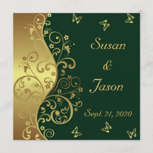 Wedding Invitation--Dark Green & Gold Swirls Invitation