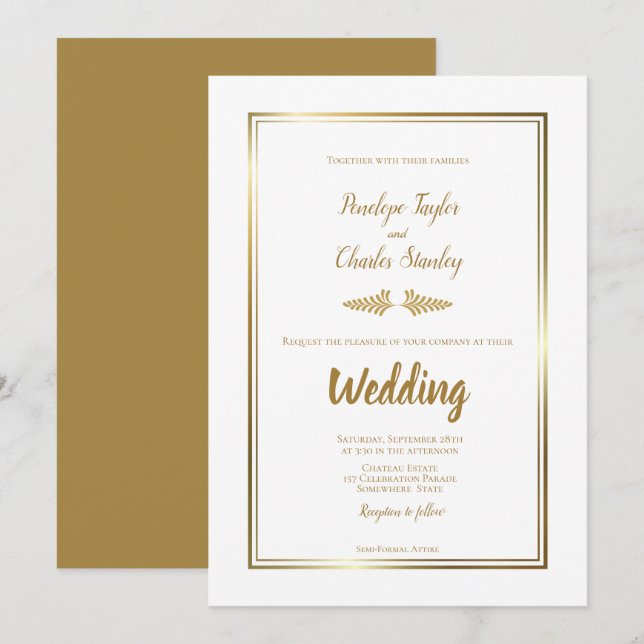 Wedding Invitation Elegant Gold Border (Front/Back)