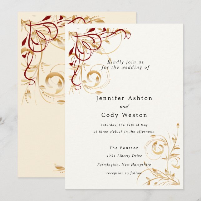 Wedding Invitation Elegant Gold Swirl Colour Choic (Front/Back)