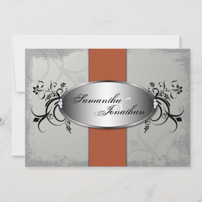 Wedding Invitation Elegant Grey Orange Aged Floral (Front)