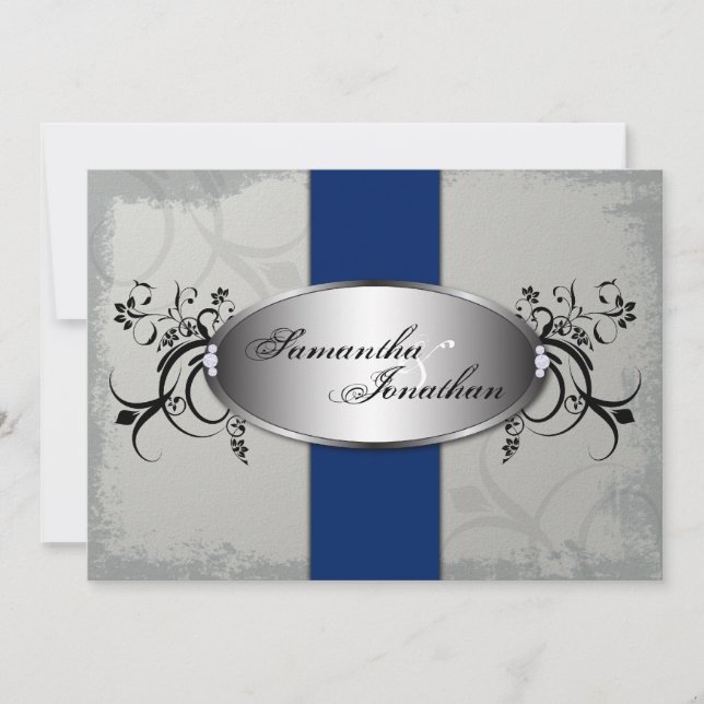 Wedding Invitation Elegant Grey Royal Blue Floral (Front)