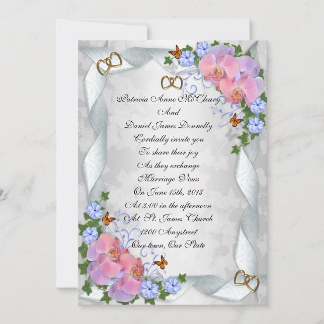 Wedding invitation elegant orchids and ribbons (Front)