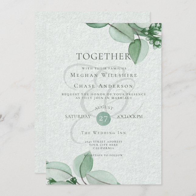 Wedding Invitation | Elegant Watercolor Eucalyptus (Front/Back)