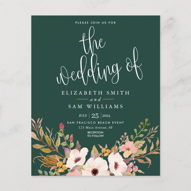 Wedding Invitation Emerald Elegant Floral Budget  Flyer (Front)