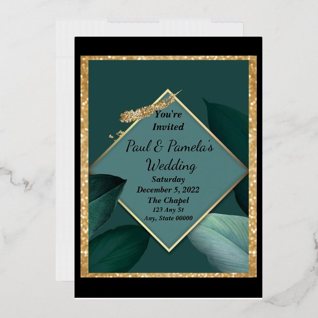 Wedding Invitation Emerald Green, Gold, Black Card (Envelope)