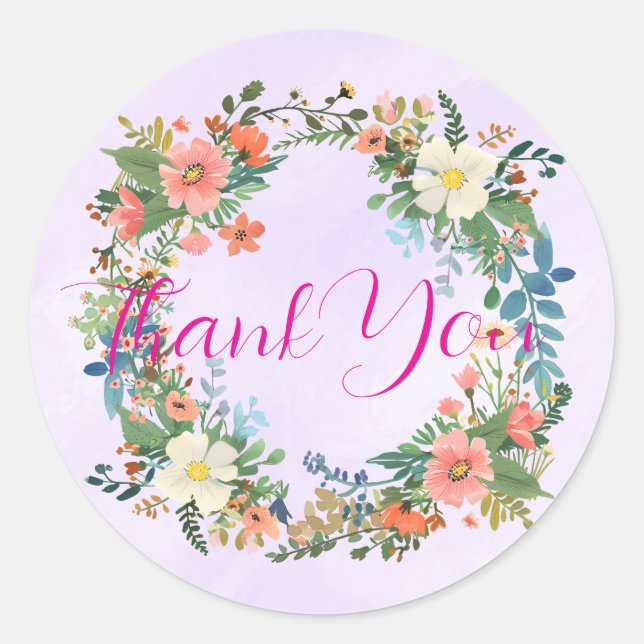 Wedding invitation envelope stickers, pink wreath classic round sticker (Front)