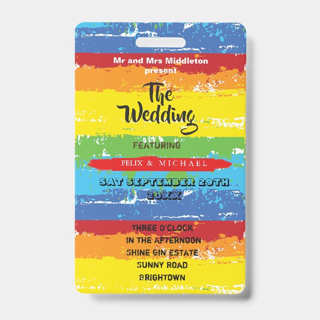 Wedding Invitation Festival Rainbow Fun  ID Badge (Front)